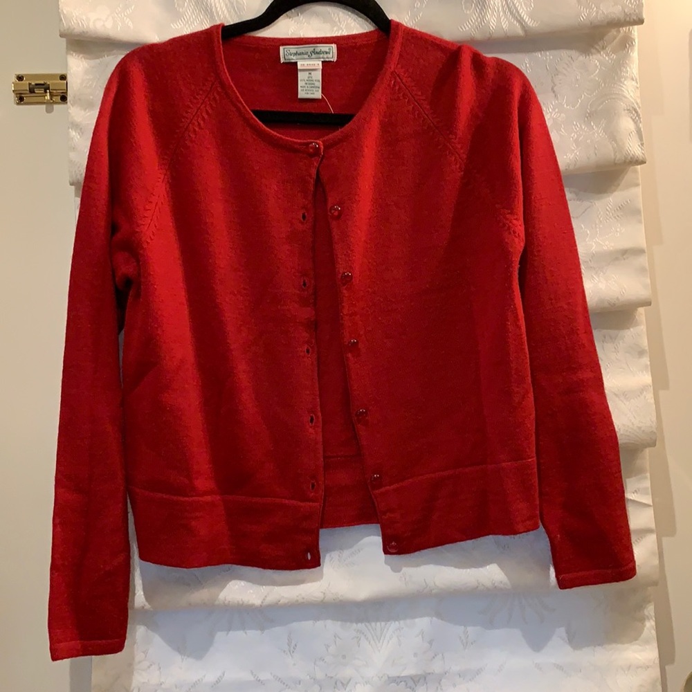 Red sweater, 100% merino wool size medium, made by Stephanie Andrews